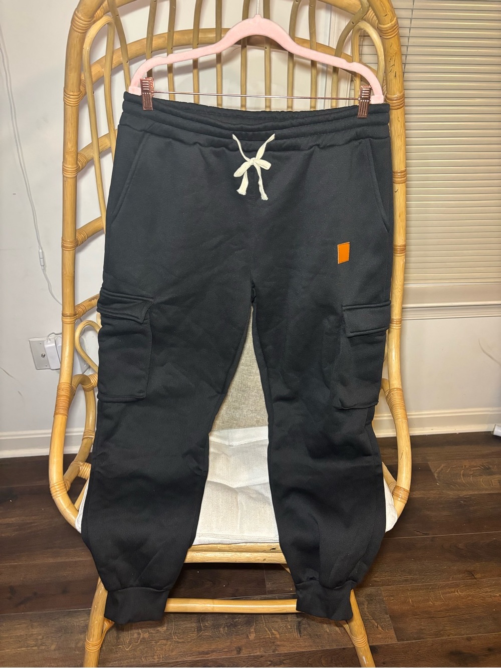Black Cargo Joggers with Drawstring and Orange Patch